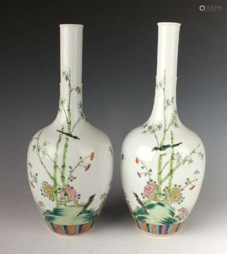 PAIR OF PORCELAIN VASES WITH BAMBOO & BIRDS