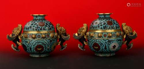 PAIR QING DYNASTY LIDDED CLOISONNE URNS