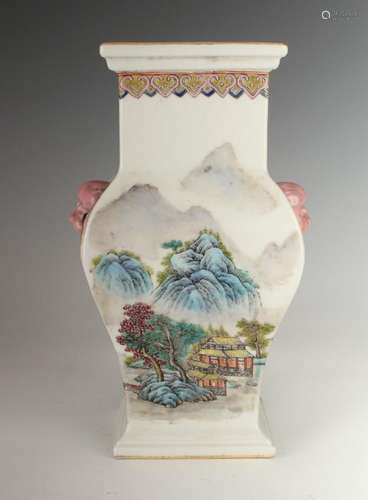 SQUARE PORCELAIN VASE WITH VILLAGE SCENES