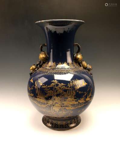 EXCEPTIONAL COBALT & GOLD VASE WITH PEACH HANDLES