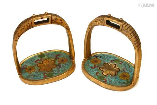 PAIR OF CLOISONNE BRONZE STIRRUPS