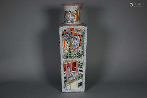 A Famille-Verte Square-sectioned Molded  Vase,Kangxi Mark