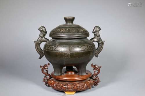 A Rare  Chinese Silver and Gold -Inlaid Bronze Censer,Late Ming/Early Qing dynasty.