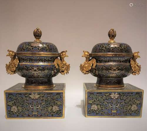 pair Of Imperial Cloisonne Enamel Box With Phoenix Ears