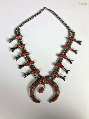 Antique Silver Necklace With Coral