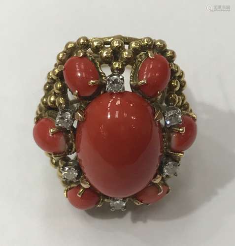 A Large 14k Coral & Diamonds Ring