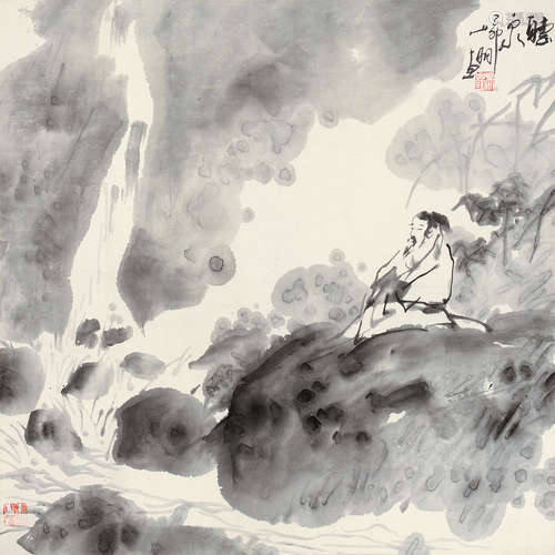 吴山明（b.1941） 己卯 1999年作 听泉 镜片 水墨纸本