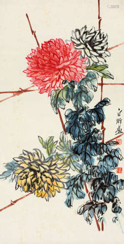齐白石（1863～1957）  李白珩（b.1950） 篱菊 立轴 设色纸本