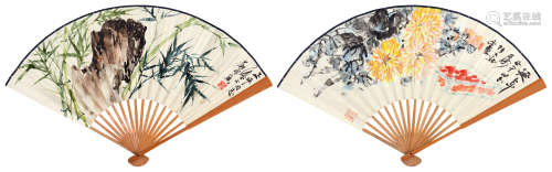 陆抑非（1908～1997）  张大壮（1903～1980） 竹石图 . 延年 成扇 设色纸本