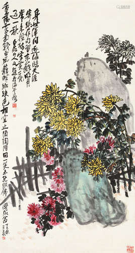 王震（1867～1938） 丁巳 1917年作 篱畔黄花 立轴 设色纸本