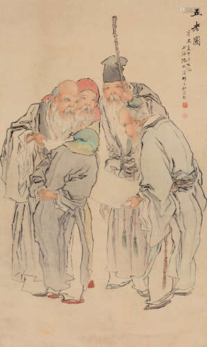 沈心海（1855～1941后） 辛丑 1901年作 五老图 立轴 设色纸本