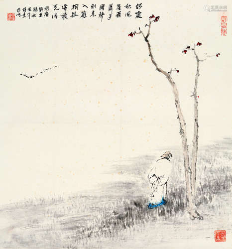 亚明（1924～2002） 唐人诗意图 镜片 设色纸本