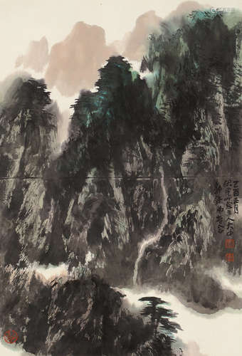 冯大中（b.1949） 乙酉 2005年作 山中行客 立轴 设色纸本