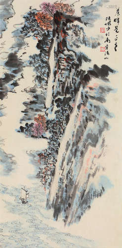 陆俨少（1909～1993） 秋江孤影 立轴 设色纸本