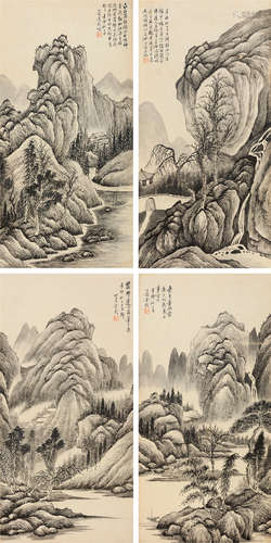 金心兰（1841～1909后） 辛卯 1951年作 山水 四屏镜片 水墨纸本