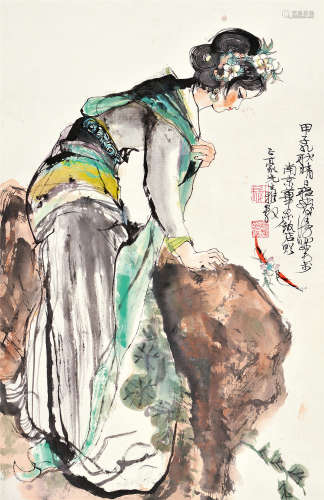 程十发（1921～2007） 甲子 1984年作 簪花少女 镜片 设色纸本