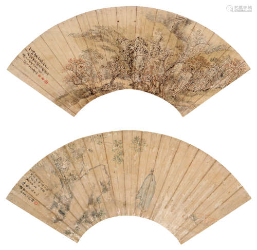 姜筠（1847～1919）  何翀（1807～1883） 山水双挖 立轴 设色纸本