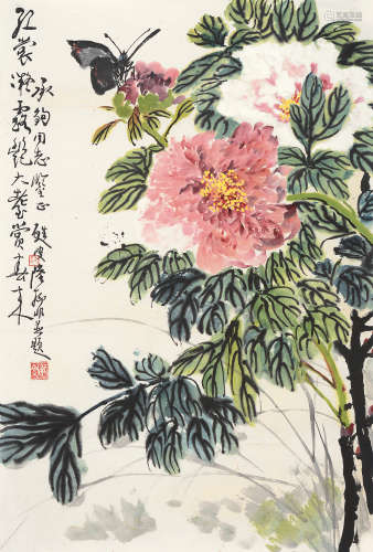 陆抑非（1908～1997） 红裳凝露 镜片 设色纸本