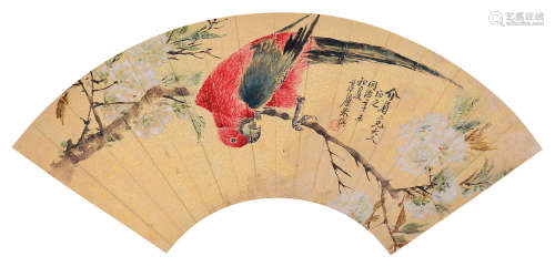 朱偁（1826～1900） 辛未1871年作 绵树玉禽 扇面 设色纸本