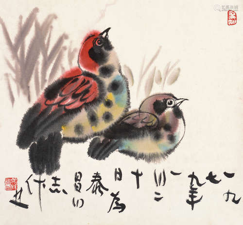 韩美林（b.1936） 1979年作 双禽 镜片 设色纸本