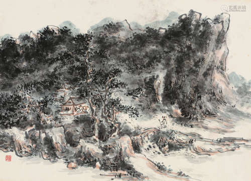 黄宾虹（1865～1955） 溪山访友 镜片 设色纸本