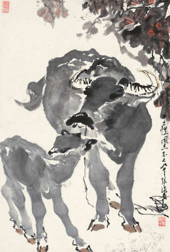 张广（b.1941） 1979年作 双牛图 立轴 设色纸本
