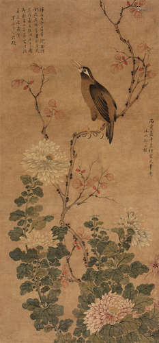 邹一桂（1686～1772） 丙寅1746年作 秋菊八哥 立轴 设色纸本