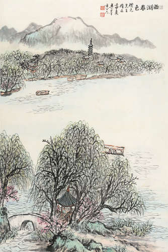 吴一峰（1907～1998） 壬申1992年作 西湖春色 立轴 设色纸本