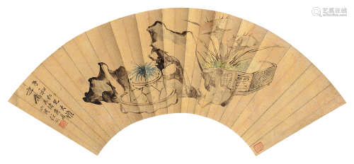 任颐（1840～1896） 庚辰1880年 灵芝仙草 扇面 设色纸本