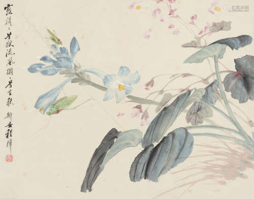 程璋（1869～1938） 秋露草虫 镜片 设色纸本
