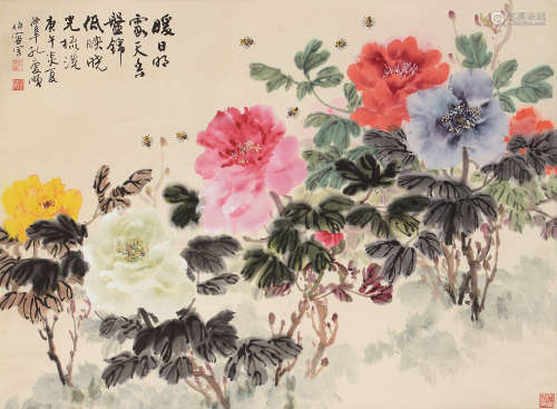 孔伯容（1932～2002） 庚午1990年作 五色牡丹 立轴 设色纸本