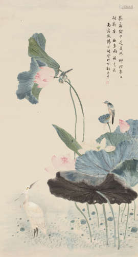 汤世澍（1831～1902） 荷花翠鸟 立轴 设色纸本