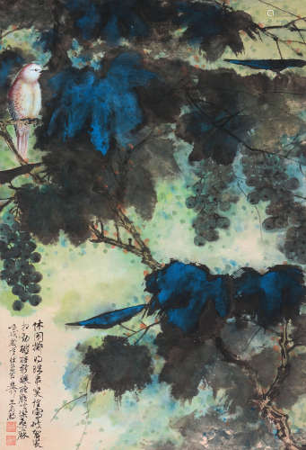 谢稚柳（1910～1997） 壬戌1982年作 葡萄翠鸟 镜片 设色纸本