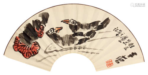崔子范（1915～2011） 双禽图 扇面 设色纸本