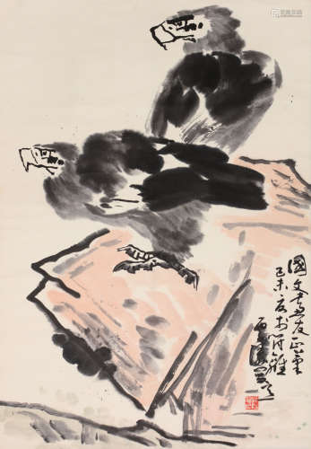 欧阳龙（1938～2000） 己未1979年作 鹰 立轴 设色纸本