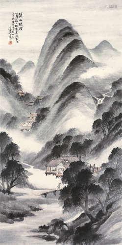 吴石僊（？～1916） 丁酉1897年作 溪山烟雨 立轴 设色纸本