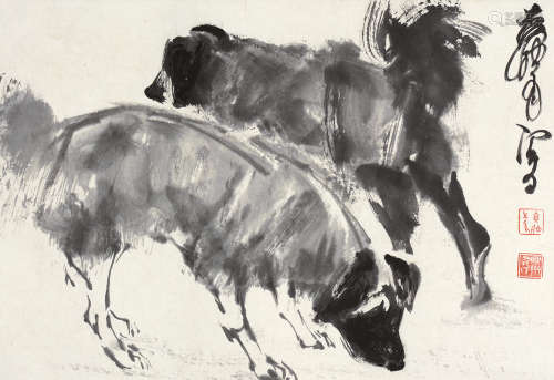 黄胄（1925～1997） 双犬图 镜框 水墨纸本