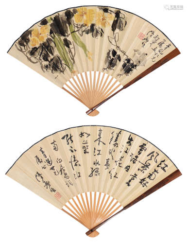 陆抑非（1908～1997） 丝瓜雏鸡·书法 成扇 设色纸本