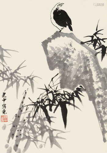 张建中（b.1929） 竹石小鸟 立轴 水墨纸本