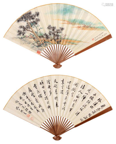 吴湖帆（1894～1968）  沈尹默（1883～1971） 松风涧泉·书法 成扇 设色纸本