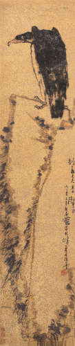 潘天寿（1897～1971） 鹰石图 立轴 水墨泥金绢本