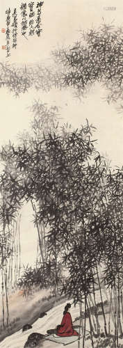 吴昌硕（1844～1927） 竹林抚琴图 立轴 设色纸本