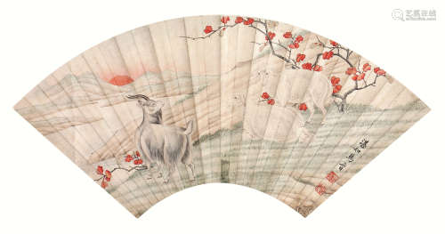 马晋（1900～1970） 三羊开泰 扇面 设色纸本