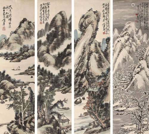 蒲华（1839～1911） 山水 四屏立轴 设色纸本