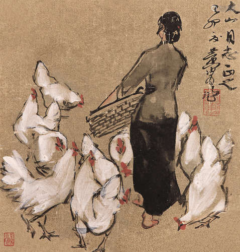 黄胄（1925～1997） 饲鸡图 镜芯 设色泥金纸本