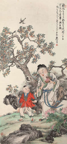 袁培基（1870～1943） 多子多福 镜芯 设色纸本