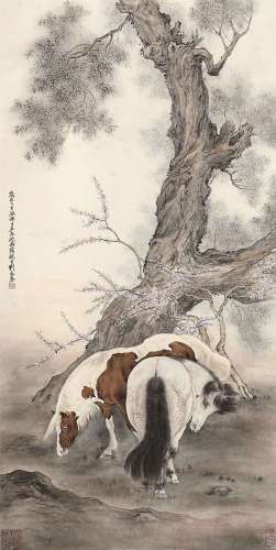 刘奎龄（1885～1967） 双骏图 镜芯 设色纸本