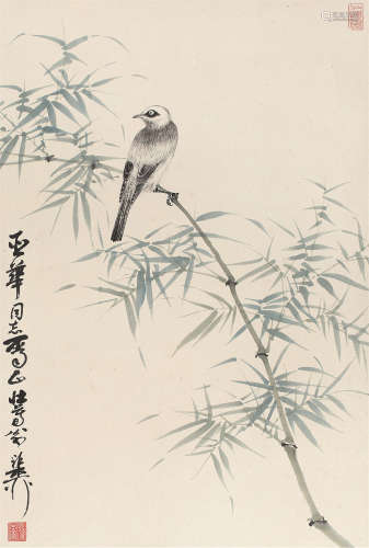 谢稚柳（1910～1997） 竹叶翠鸟 立轴 设色纸本