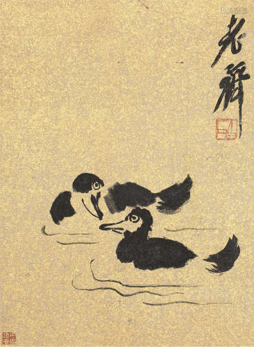 齐白石（1864～1957） 双鸭图 立轴 水墨泥金绢本