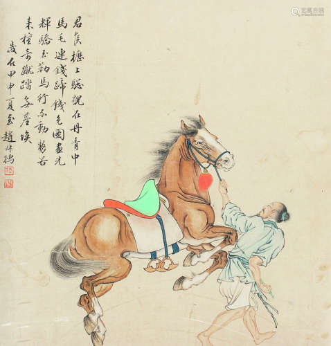 赵叔孺（1874～1945） 驯马图 镜芯 设色纸本